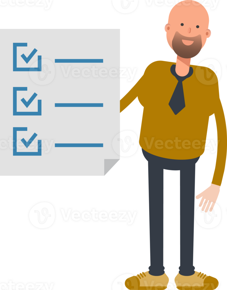 Bald Businessman Character and Check List Document png