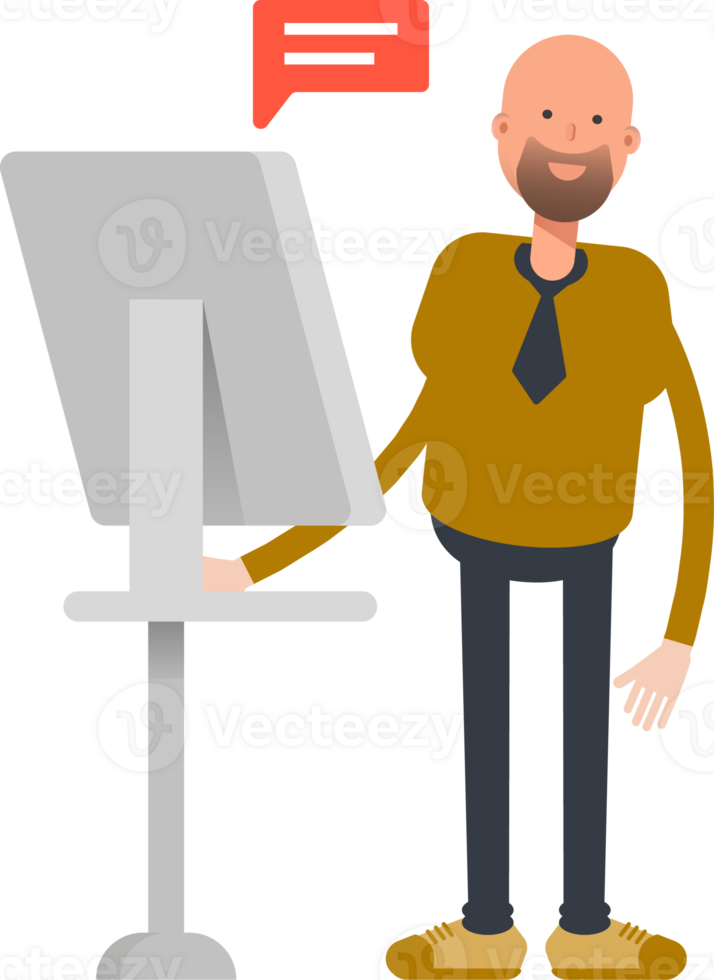 Bald Businessman Character Working on Computer png