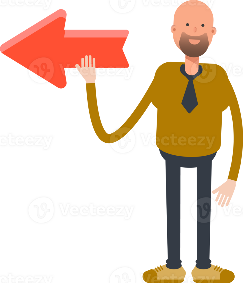 Bald Businessman Character and Arrow Sign png