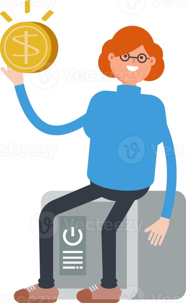 Woman Character Sitting on Safe and Holding Dollar Coin png