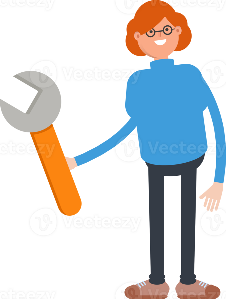 Woman Character Holding Wrench Tool png