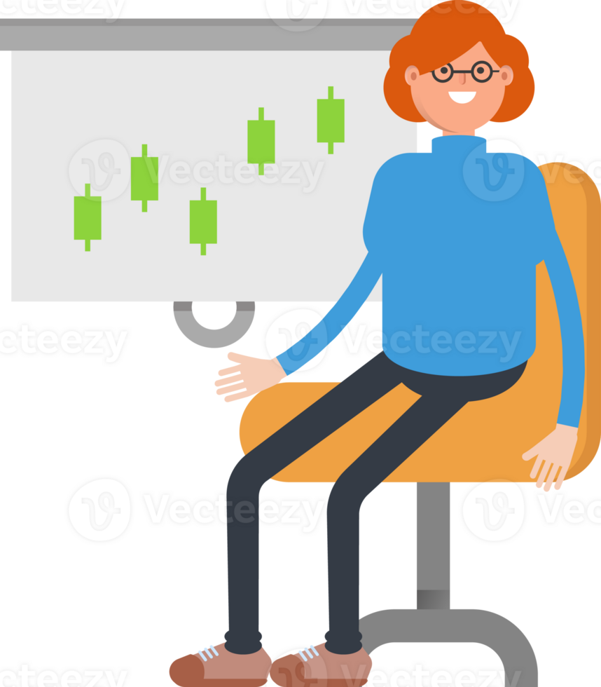 Woman Character Presenting Candlestick Chart png