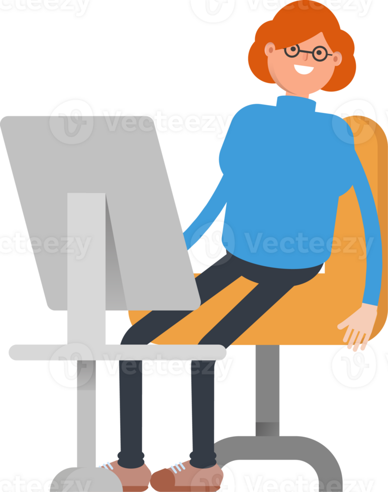 Woman Character Working on Desktop png