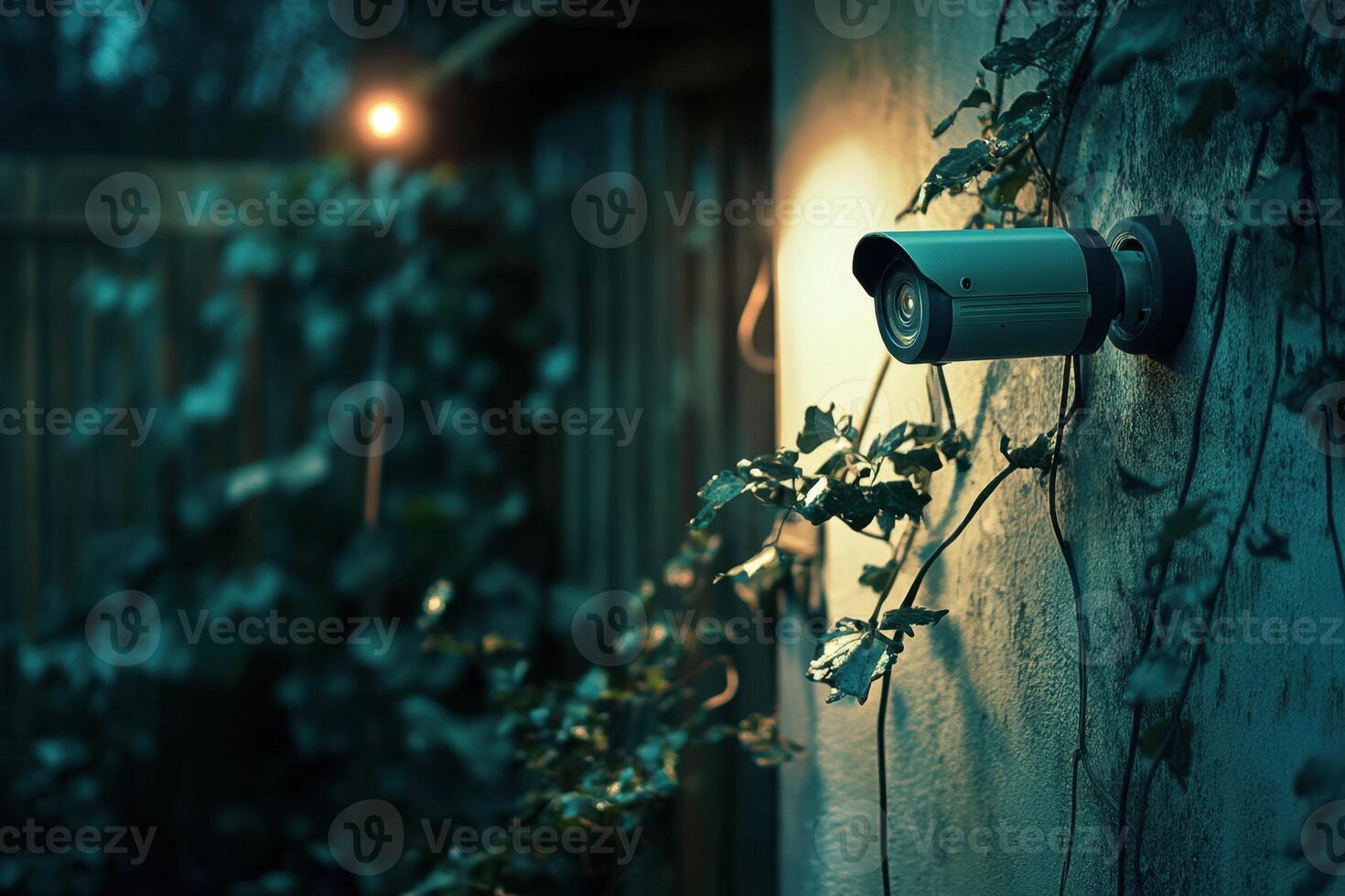 A security camera is mounted on a wall in a dark, overgrown area photo