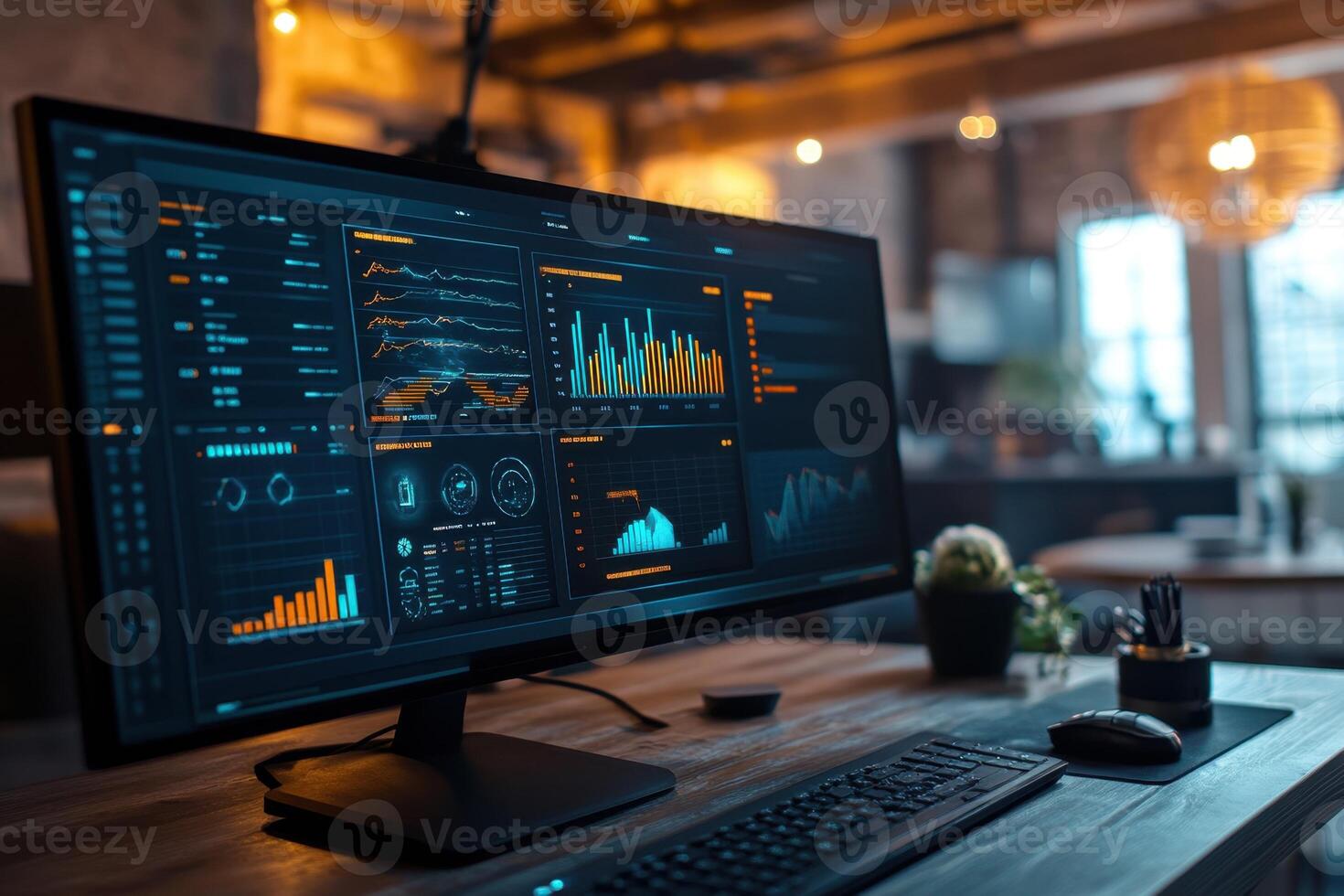 A computer monitor displays a number of graphs and charts photo