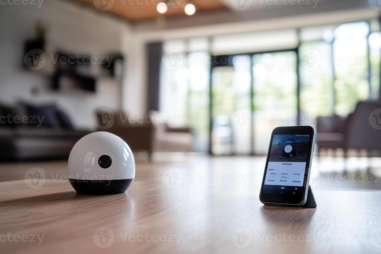A smart home device sits on a table next to a smartphone photo