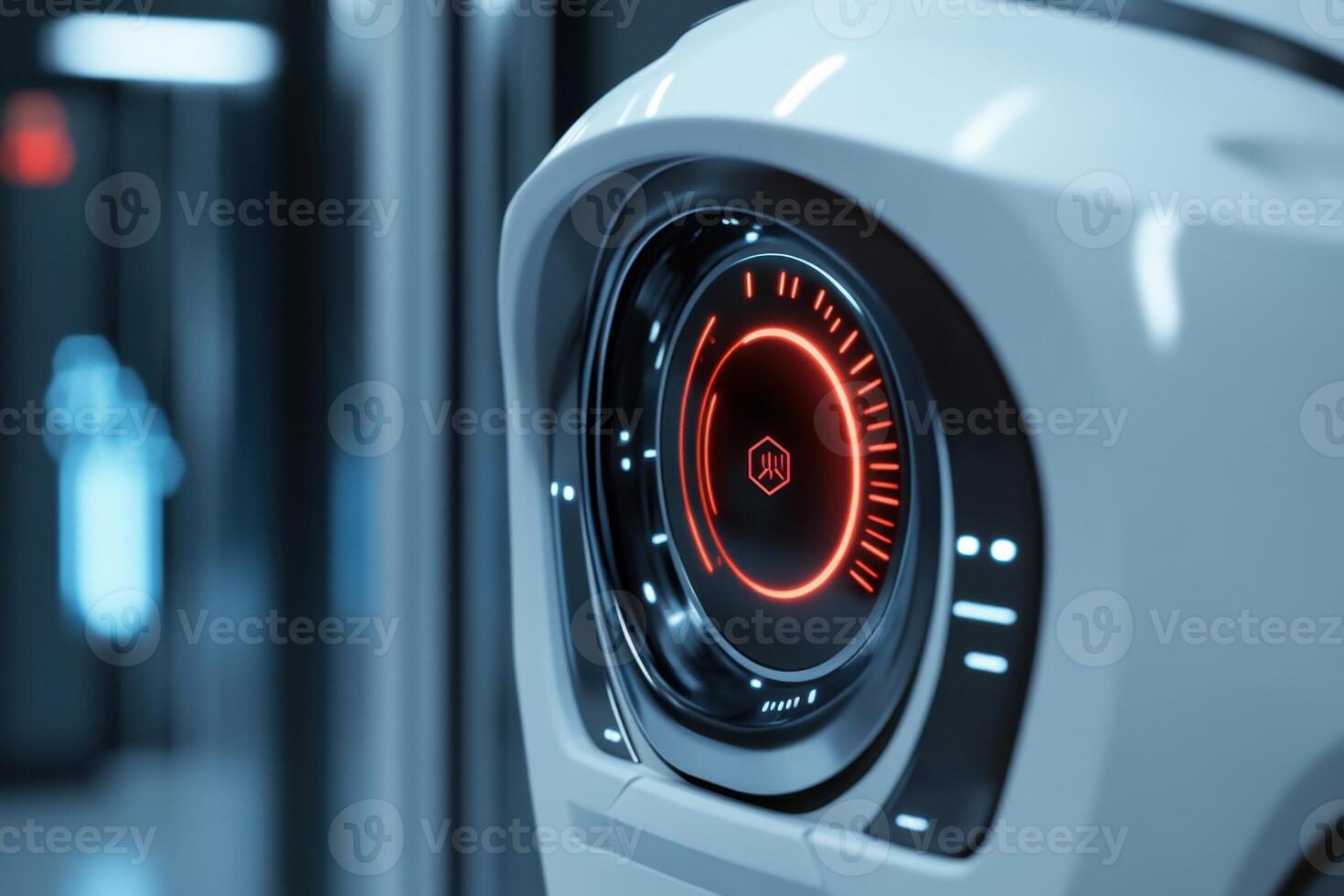A robot with a red face and a black face photo
