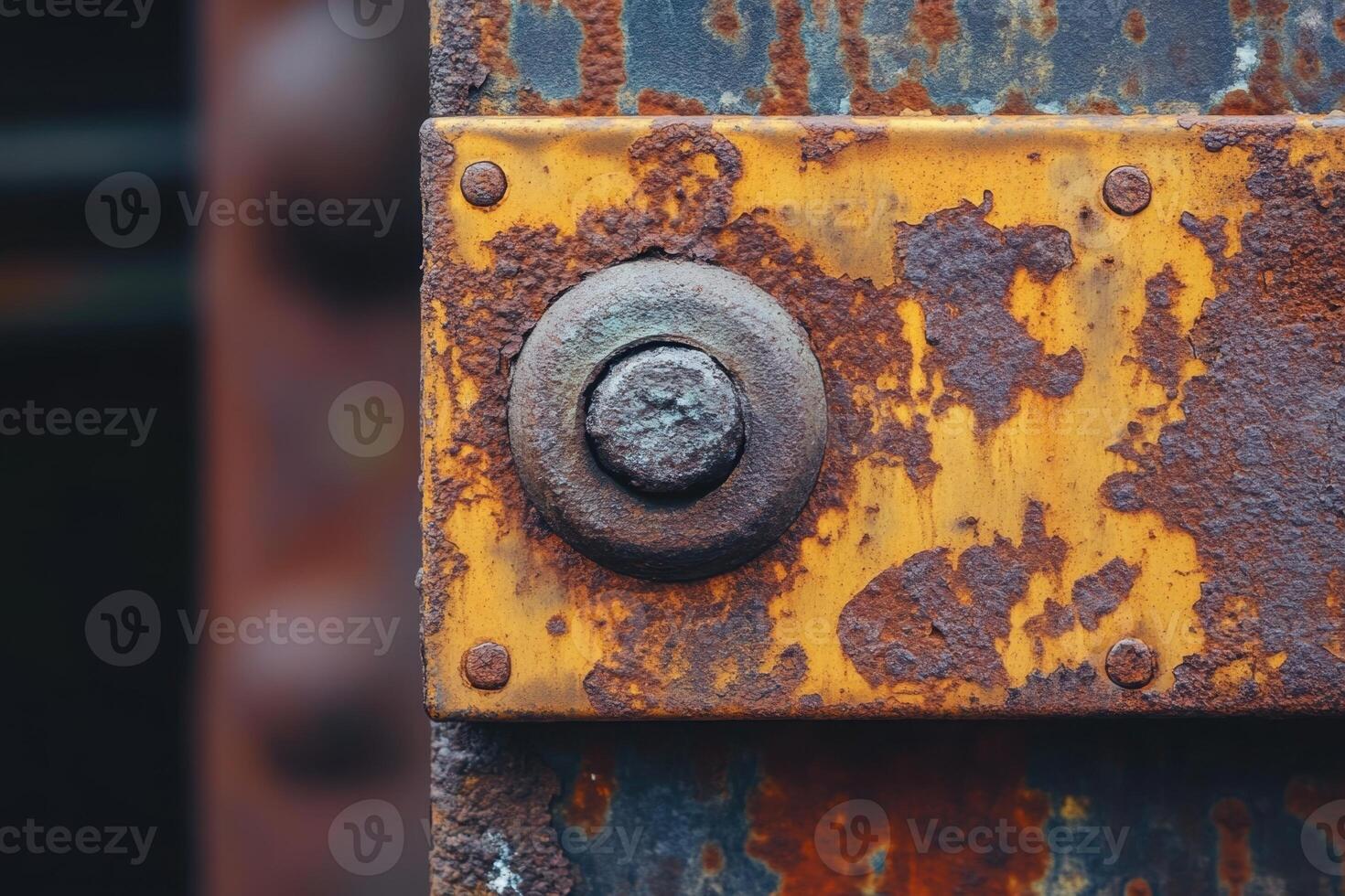 A rusty bolt is shown in a close up of a rusted metal surface photo
