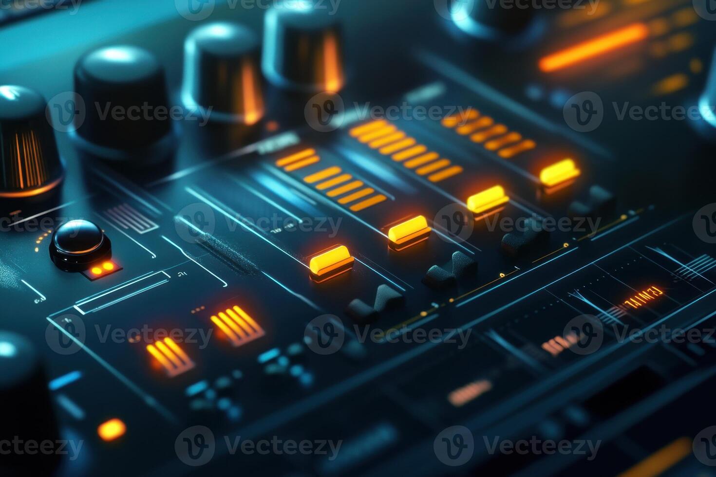 A close up of a sound board with a lot of knobs and buttons photo