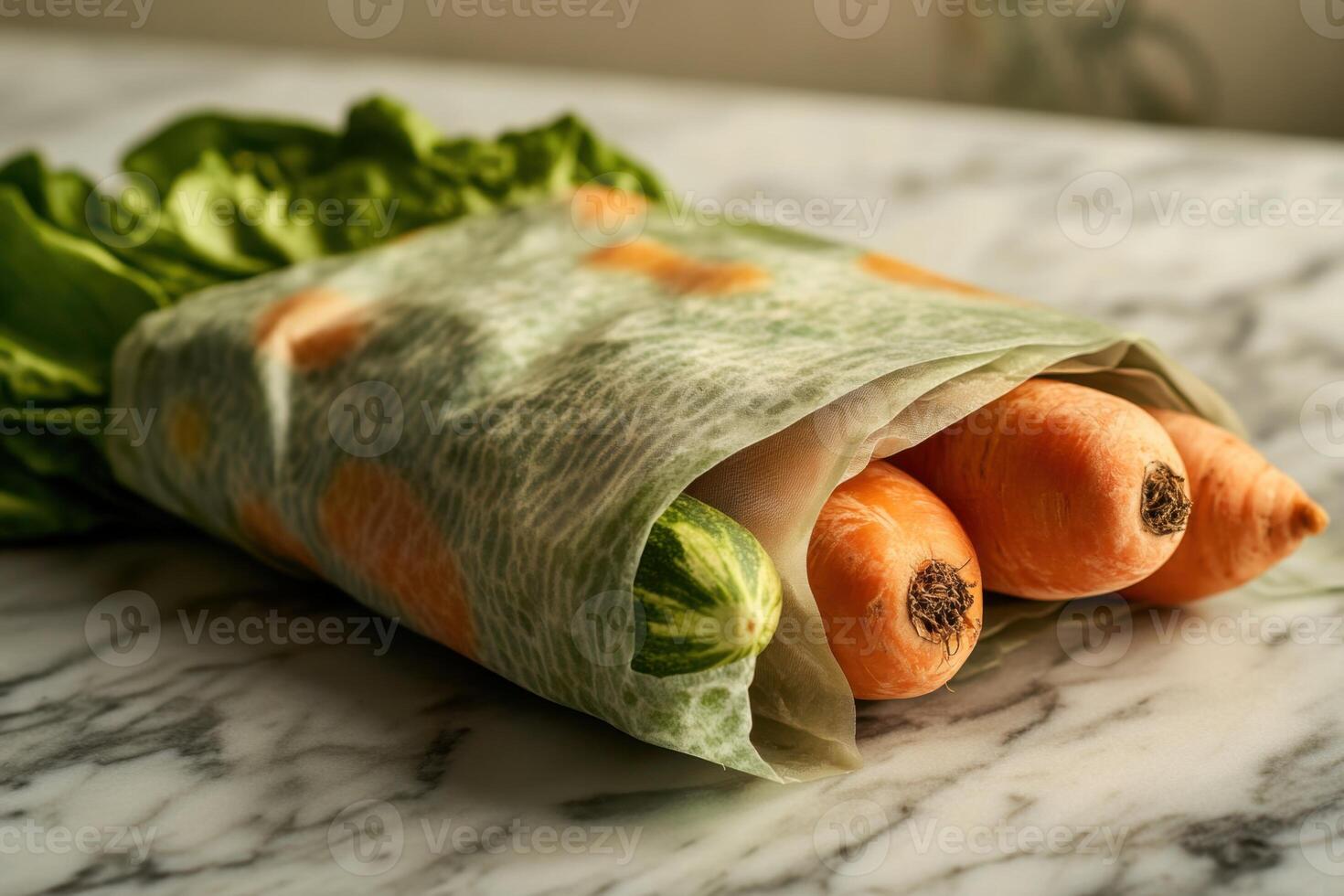 A bunch of carrots are wrapped in plastic and placed on a marble counter photo