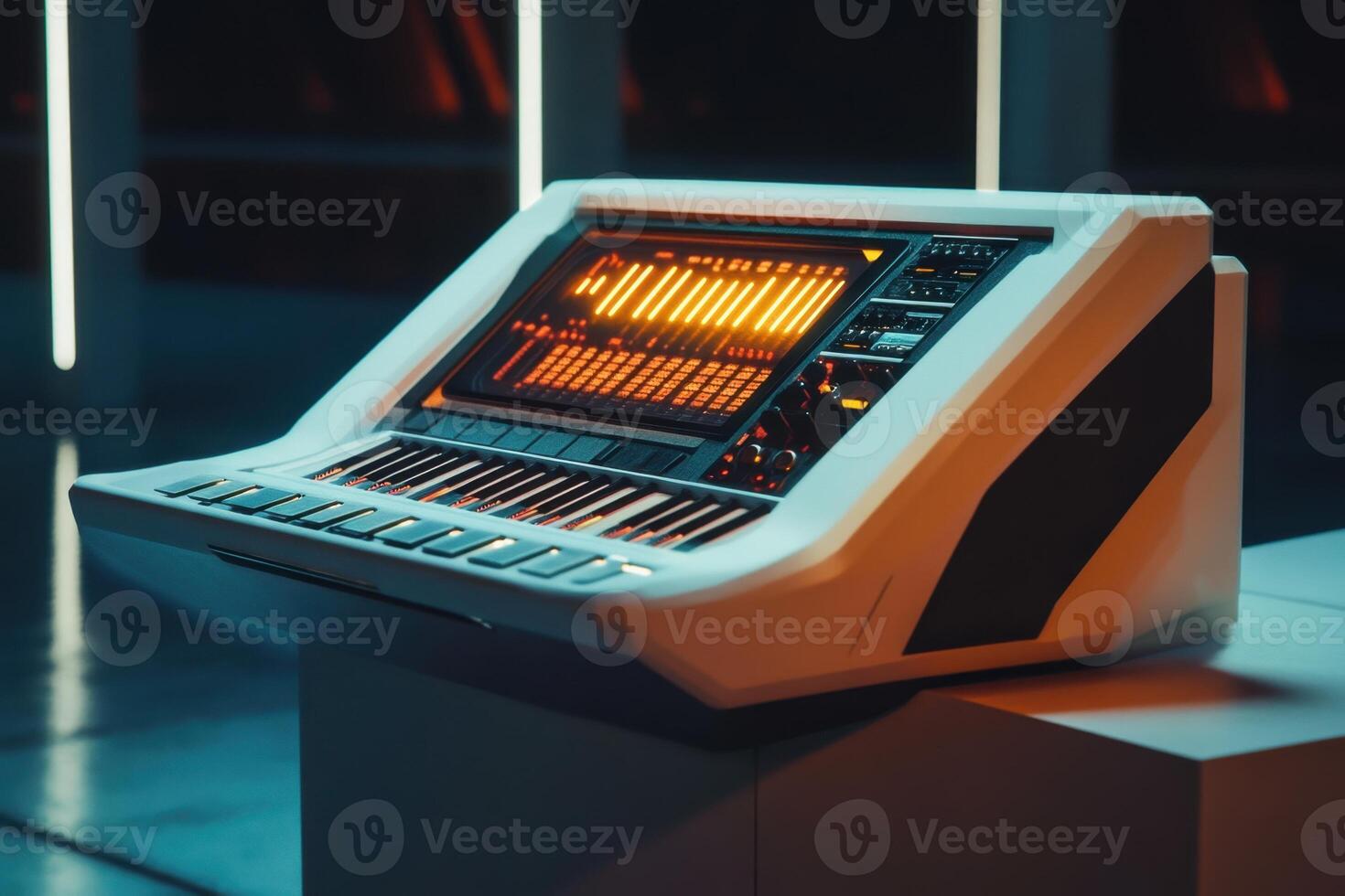 A white and black electronic keyboard with a yellow screen photo