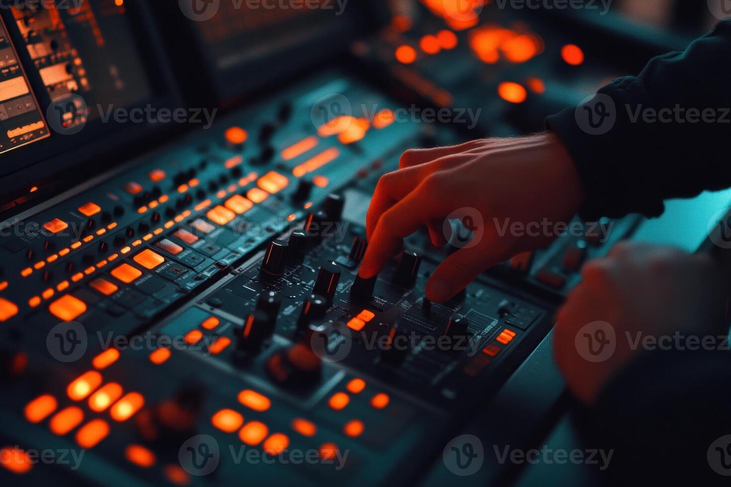 A person is playing a keyboard with a lot of buttons and knobs photo