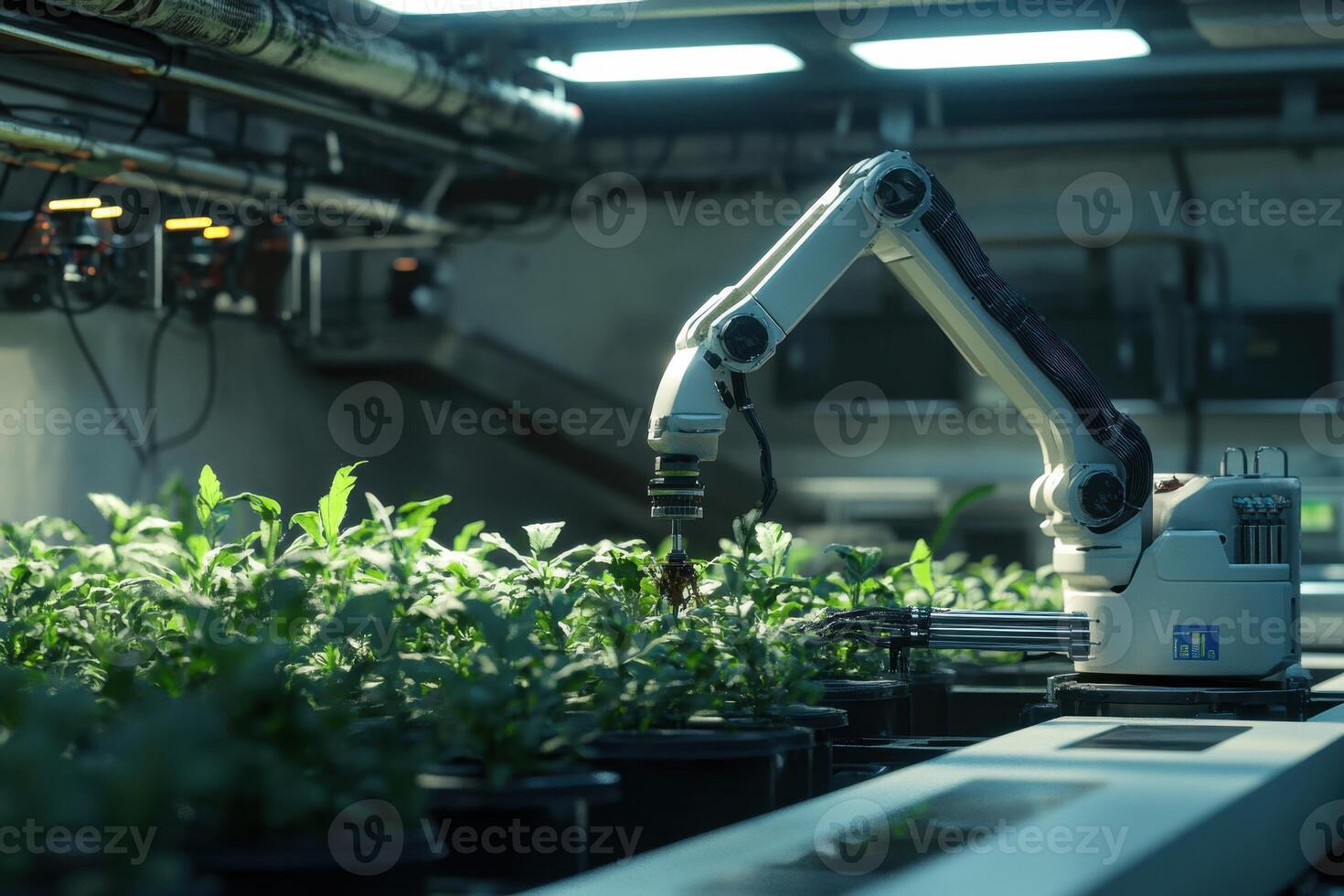 A robot is picking up plants in a greenhouse photo