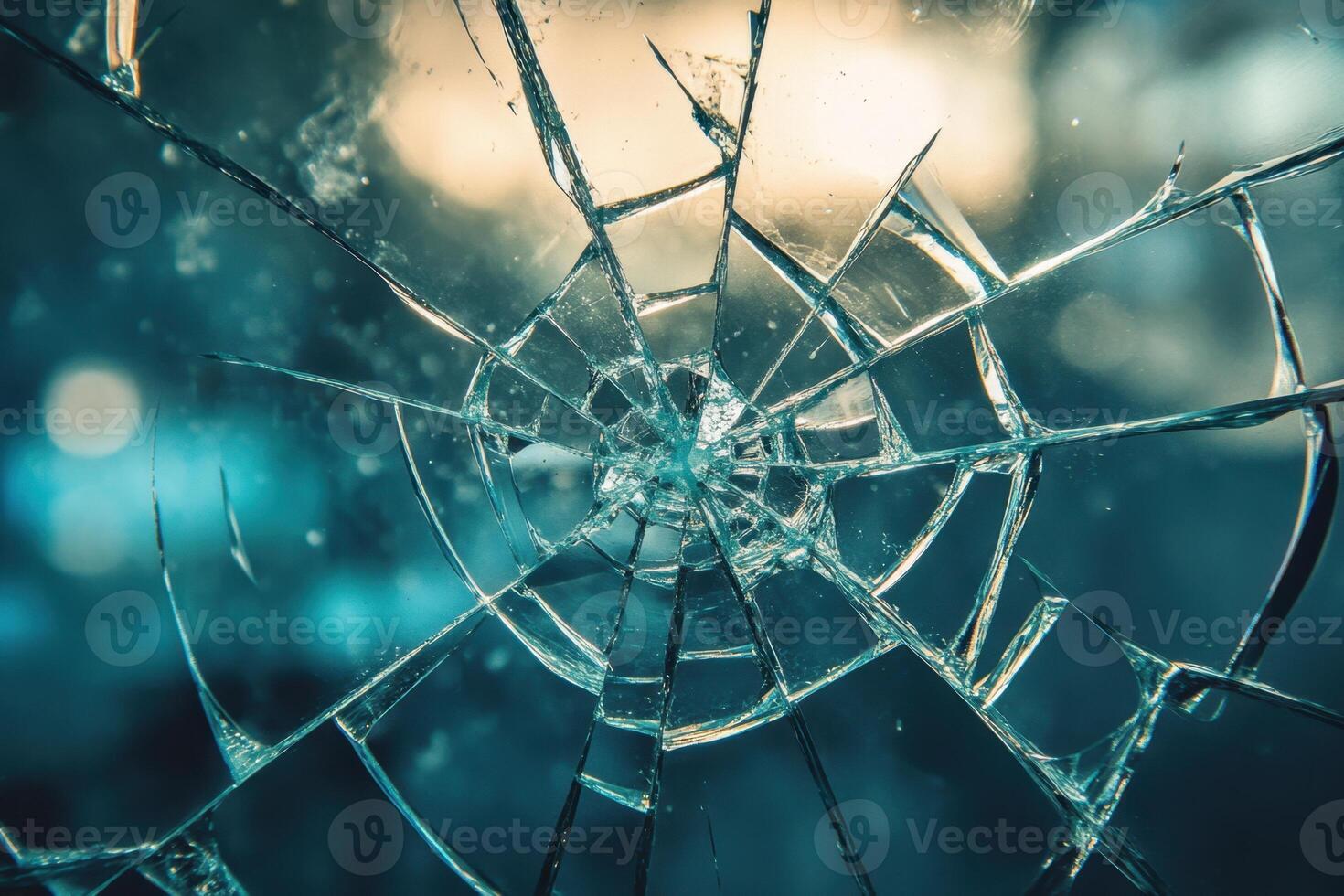 A shattered window with a spider web pattern photo