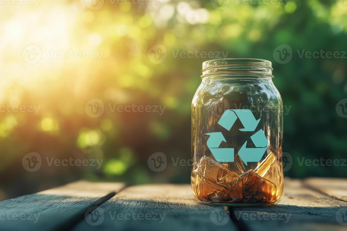 A jar with a green recycling symbol on it sits on a wooden table photo