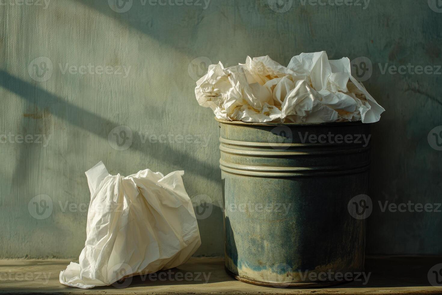 A blue bucket full of white paper is sitting on a wooden table photo
