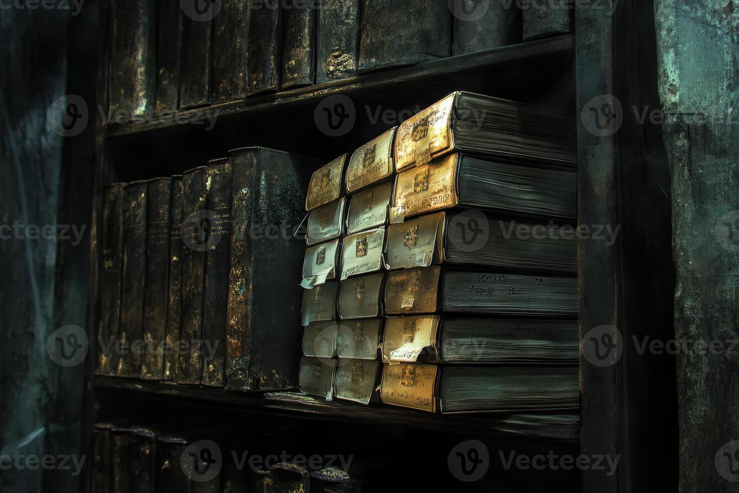 A shelf full of old books with a few of them having gold lettering photo