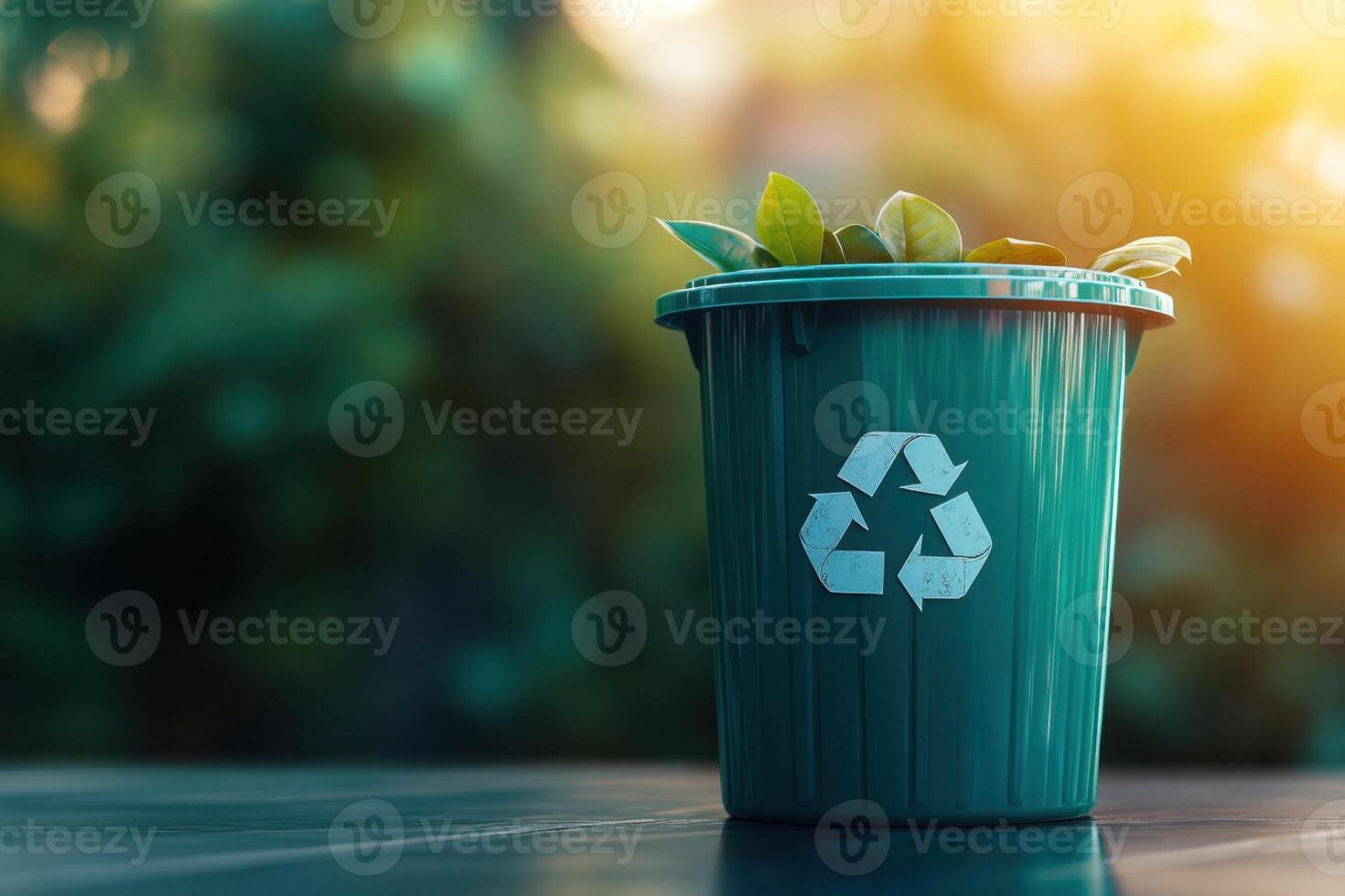 green trash can with a recycling symbol on it photo