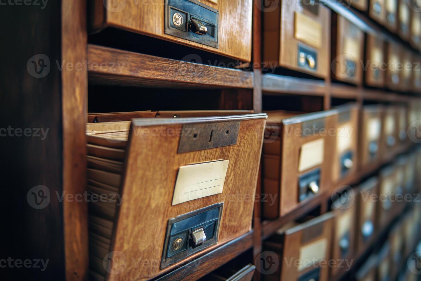 A row of wooden filing cabinets with the drawers open photo