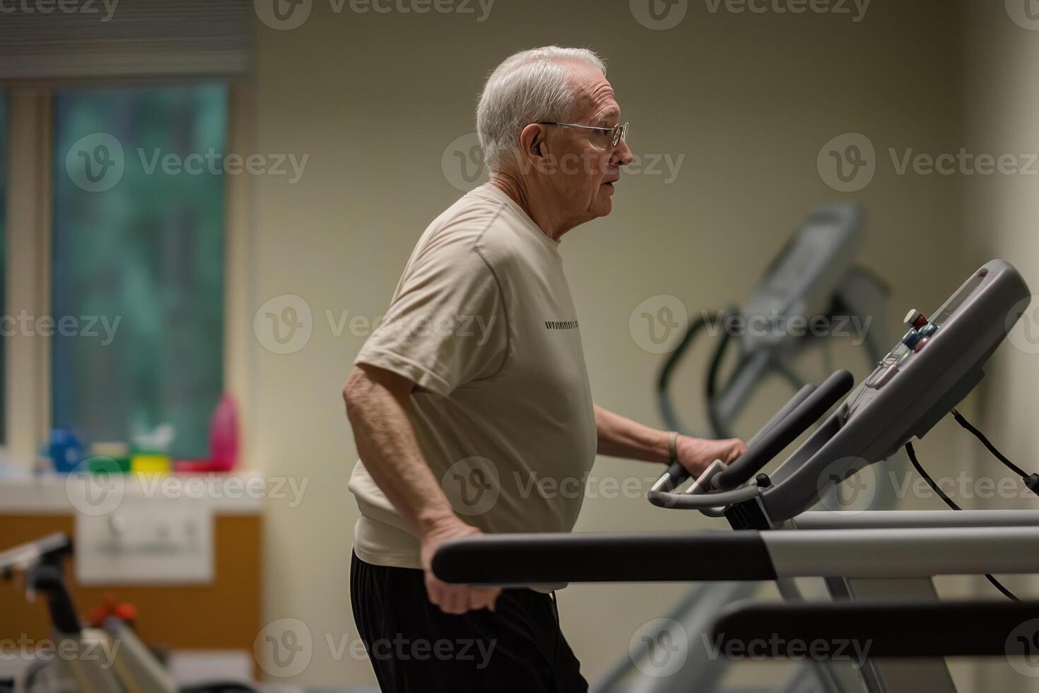 A man is running on a treadmill in a gym photo