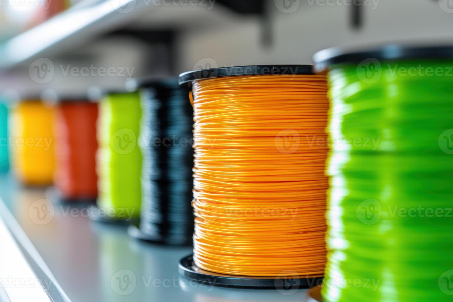 A row of colorful spools of thread are displayed on a shelf photo