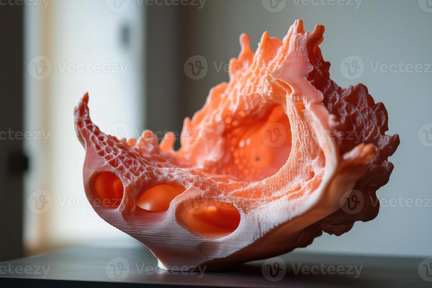 A large orange sculpture with a white center photo