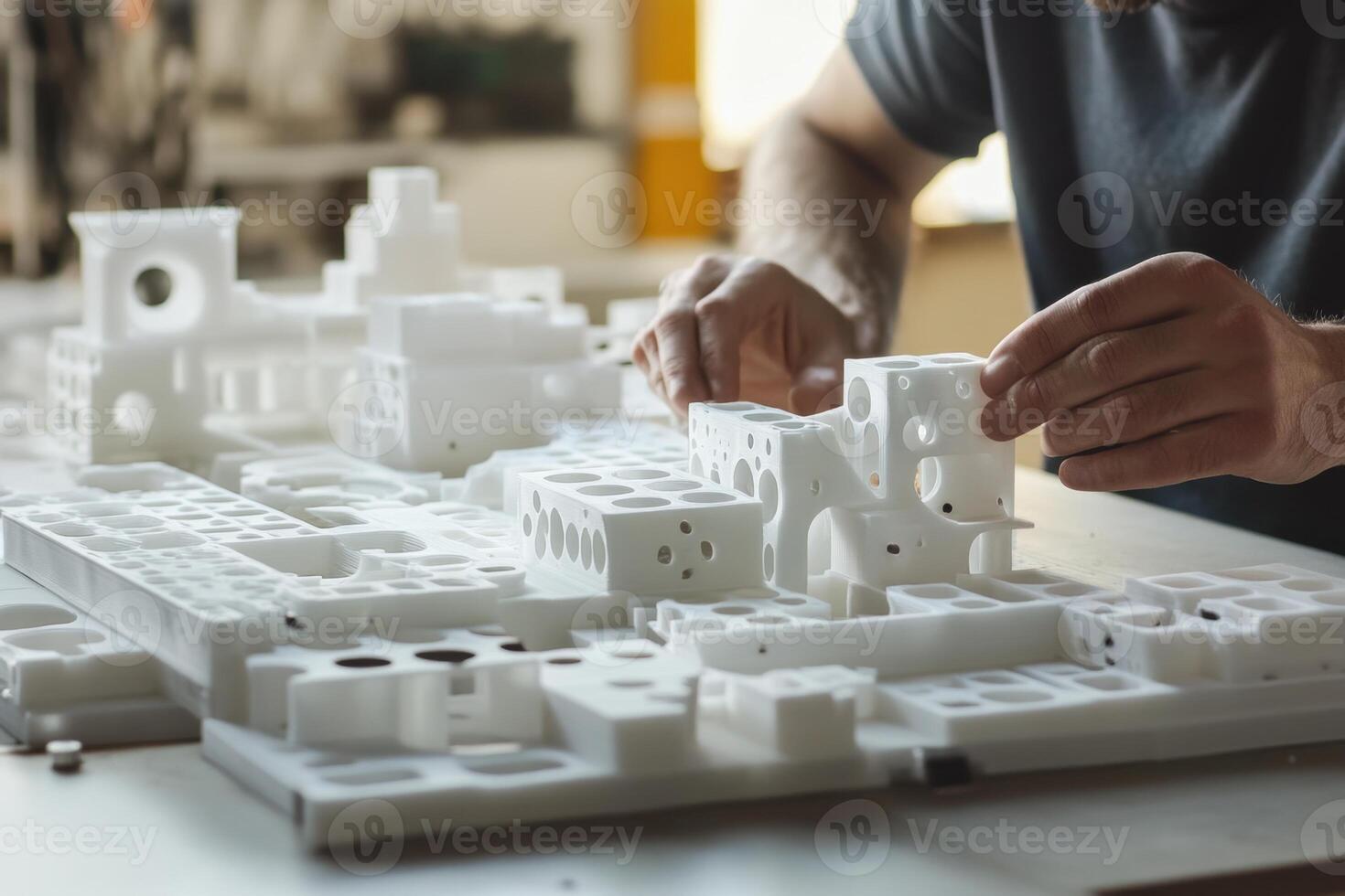A man is building a model of a city out of white blocks photo