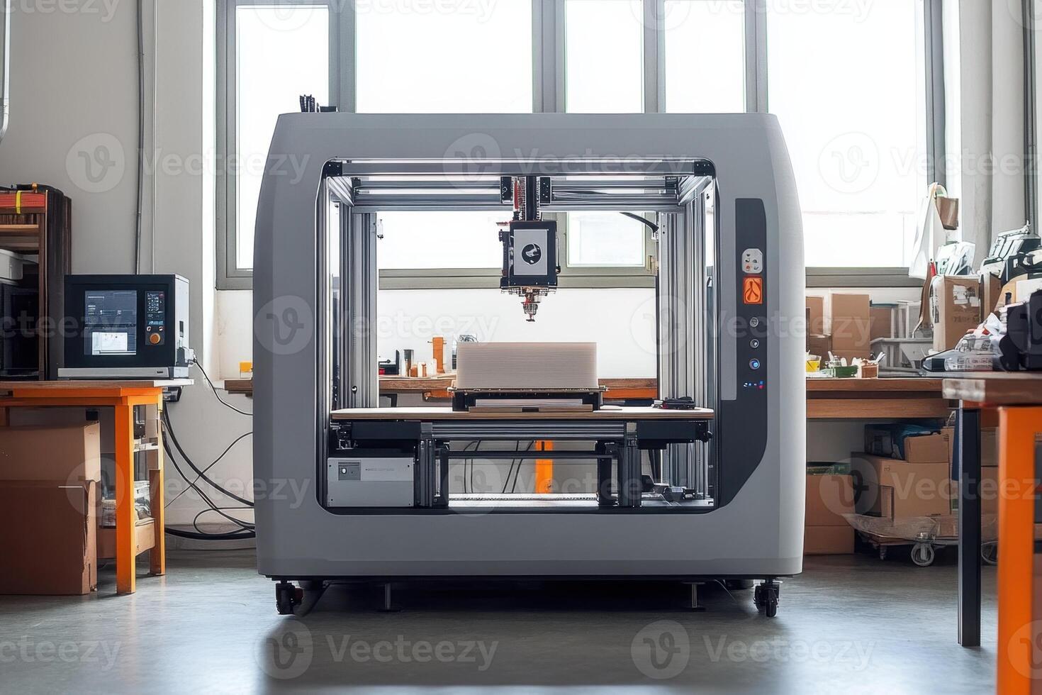 A large machine with a wooden table in front of it photo