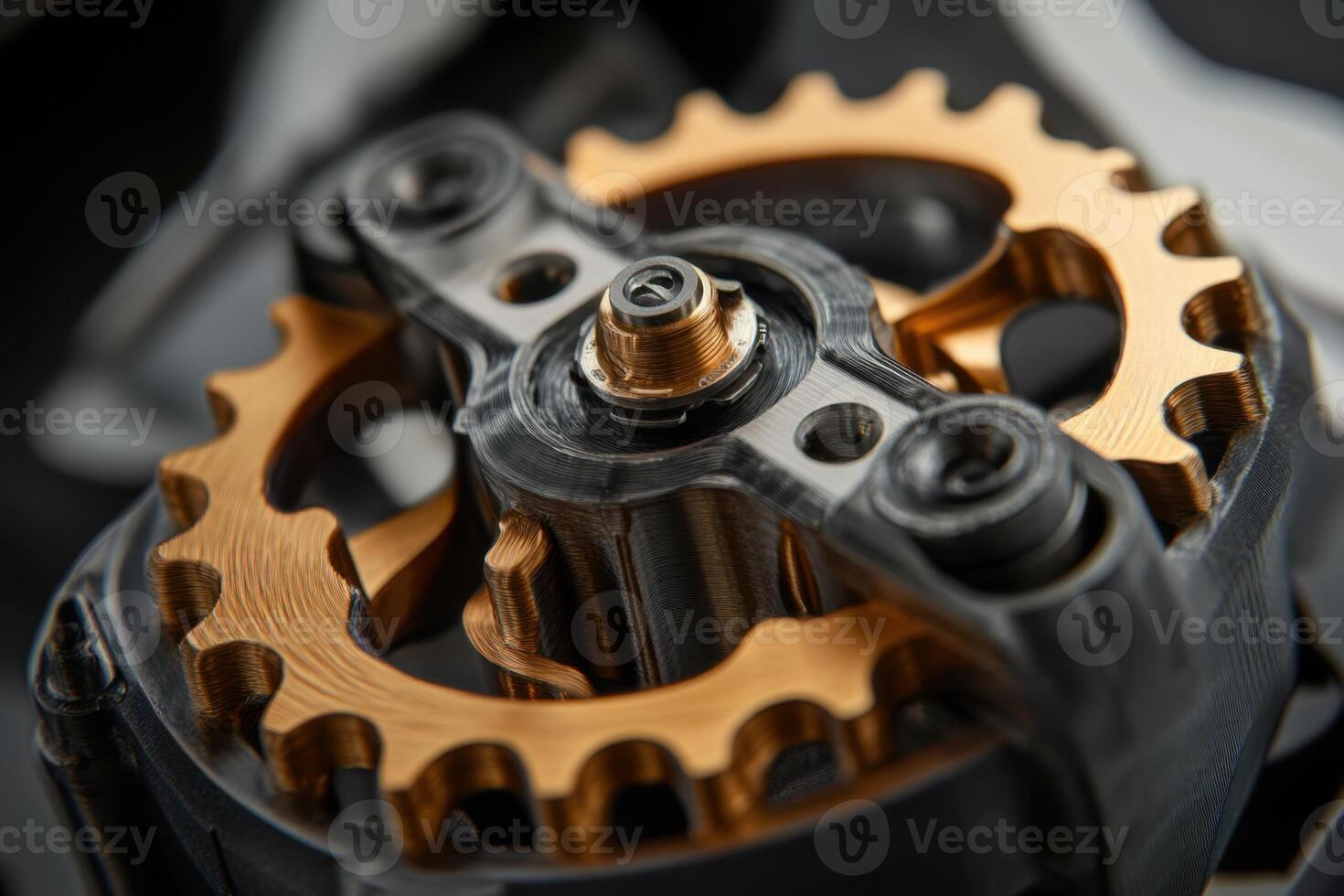 A close up of a gear with gold and black colors photo