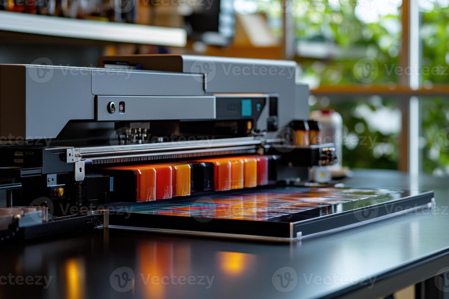 A printer is on a table with a variety of colored paper photo