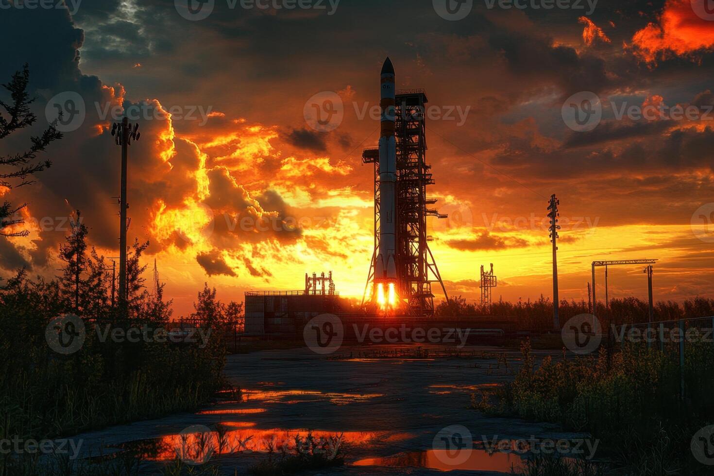 A rocket is on a launch pad at sunset photo
