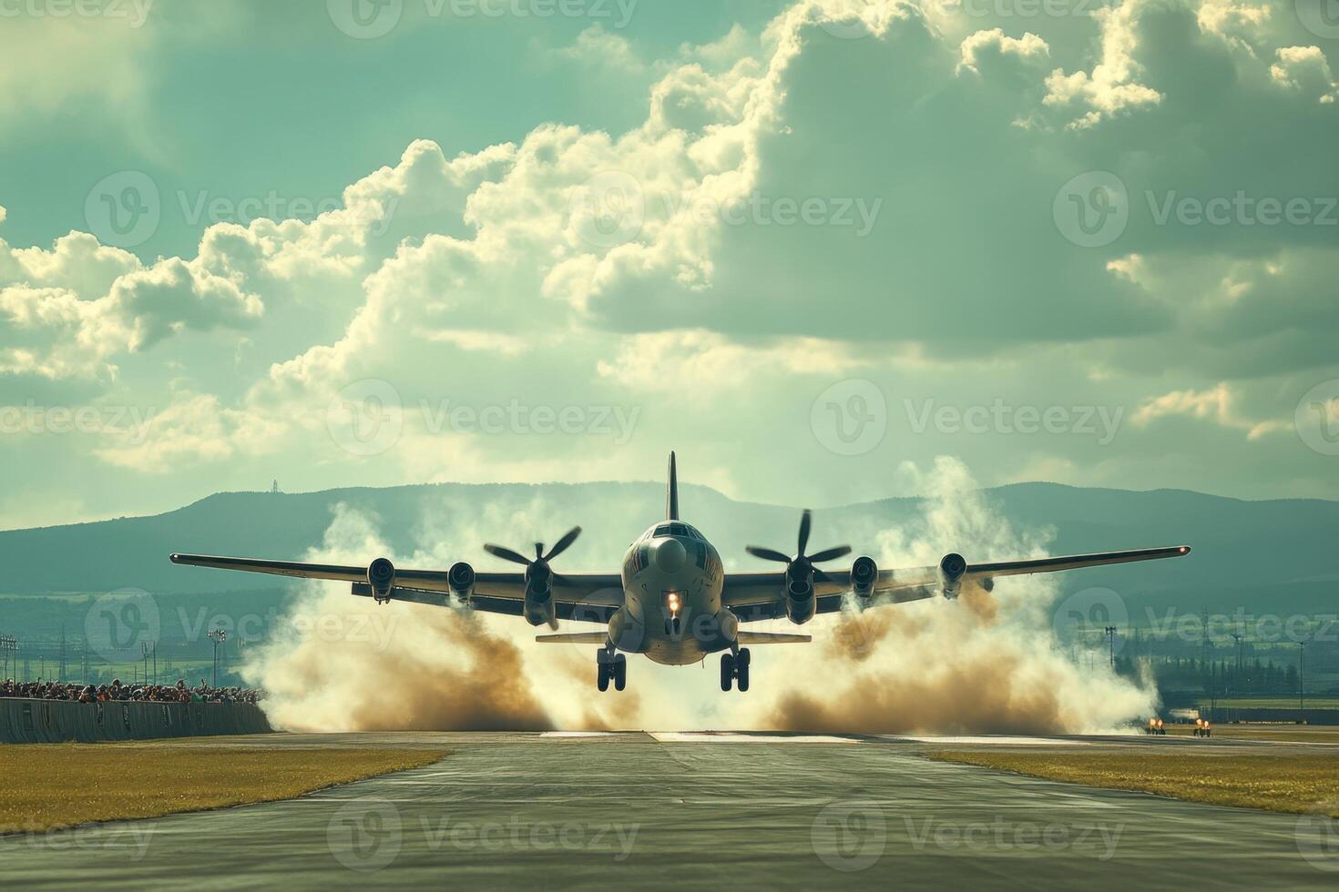 A large jet is taking off from an airport runway photo