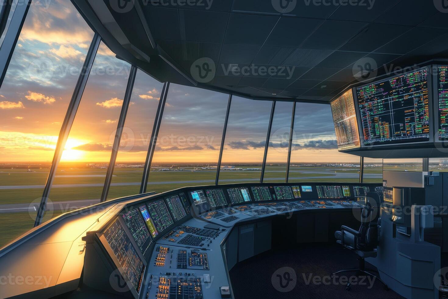 The cockpit of a plane is lit up with a sunset in the background photo