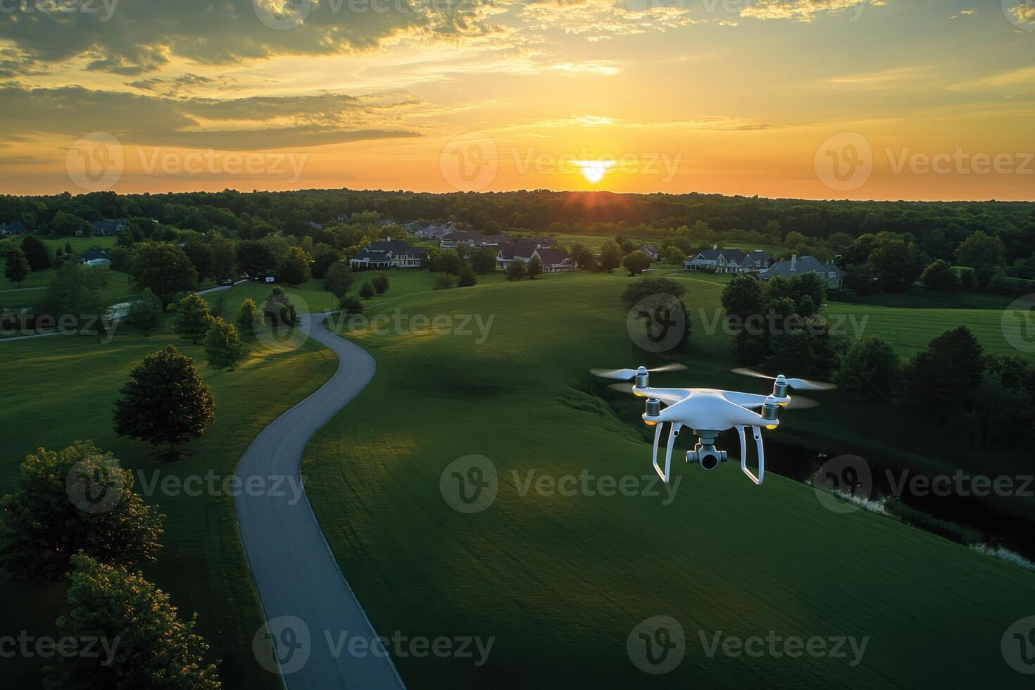 A white drone is flying over a grassy field with a sunset in the background photo
