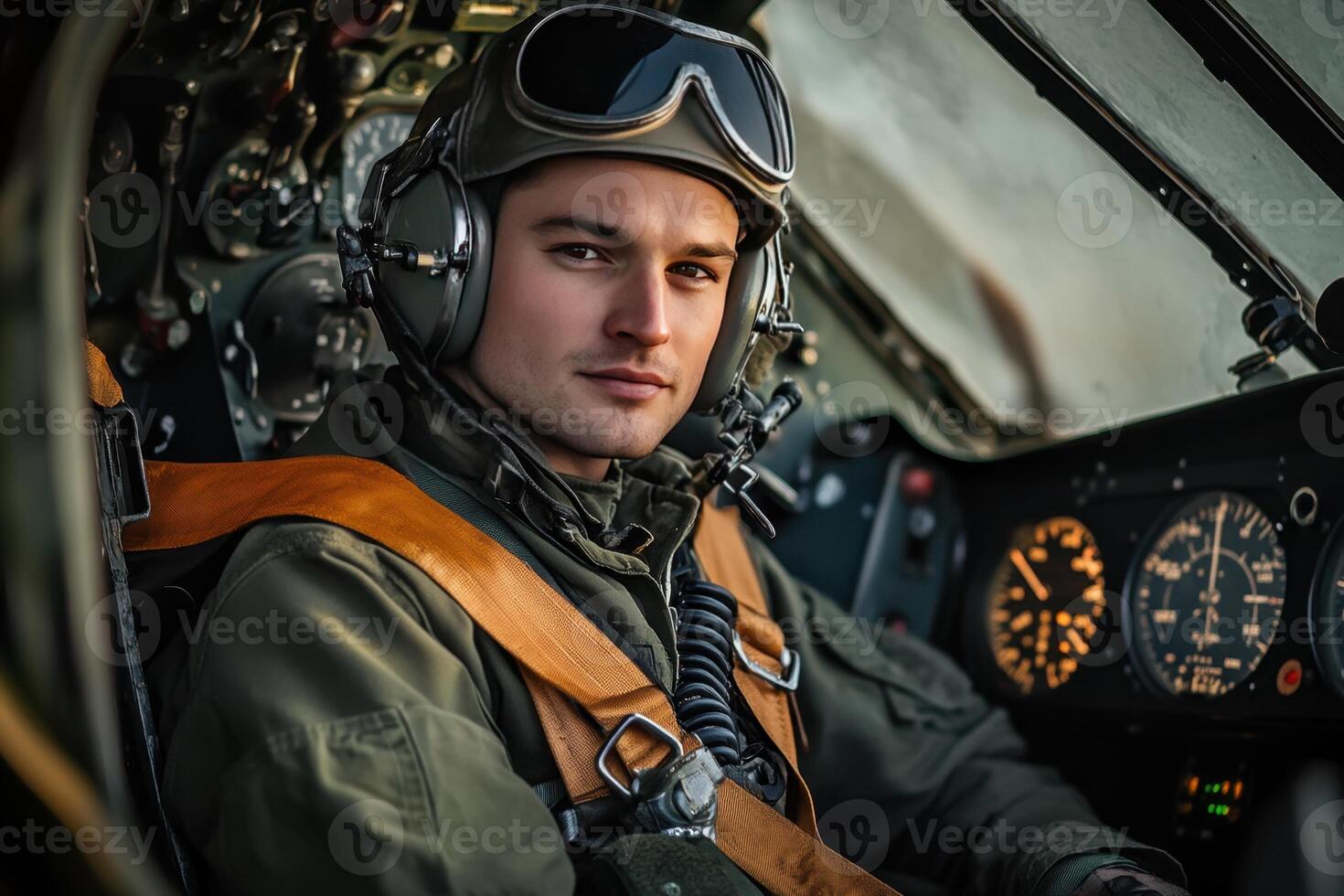 A man in a military uniform sits in the cockpit of a plane photo