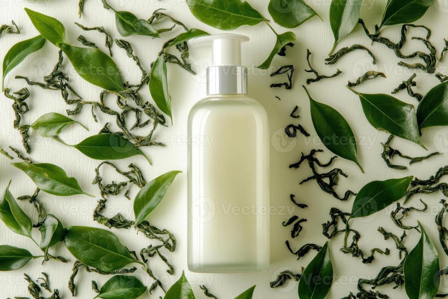 A bottle of lotion is placed on top of a pile of green leaves photo