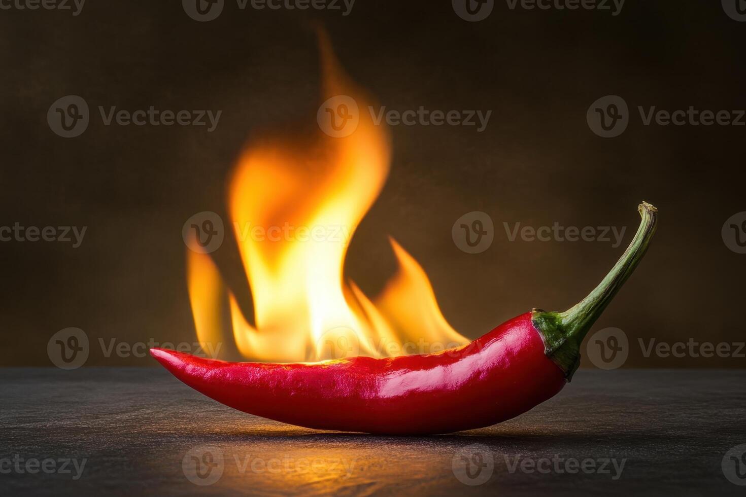 A red pepper is on a table with a flame underneath it photo