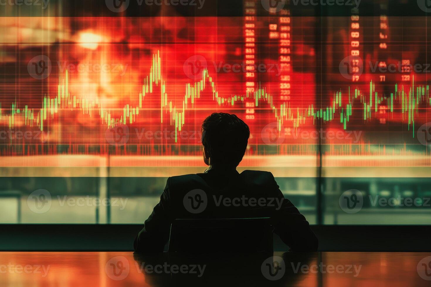 A man is sitting at a desk in front of a computer screen with a red background photo