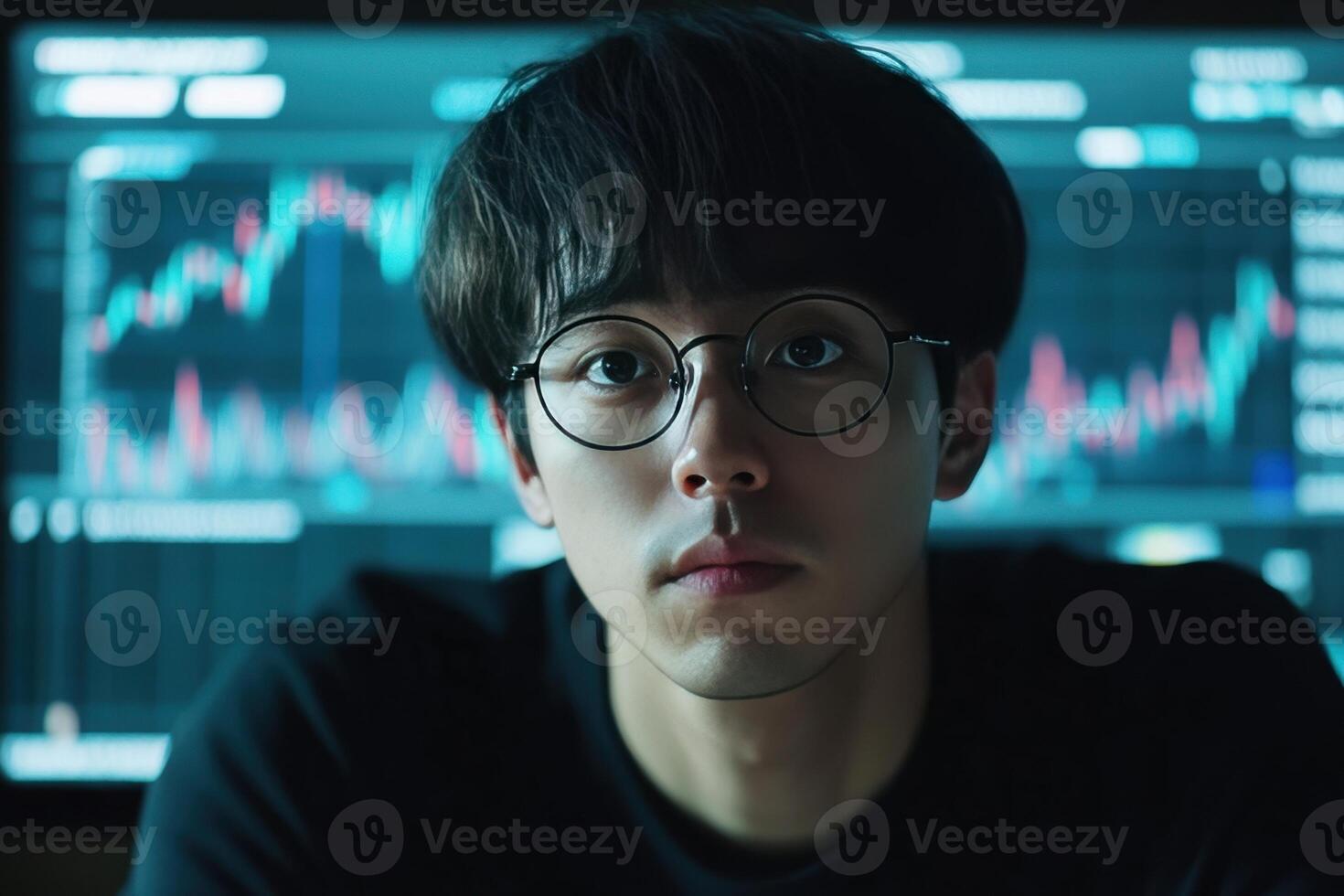A man with glasses and a nose piercing is staring at a computer screen photo