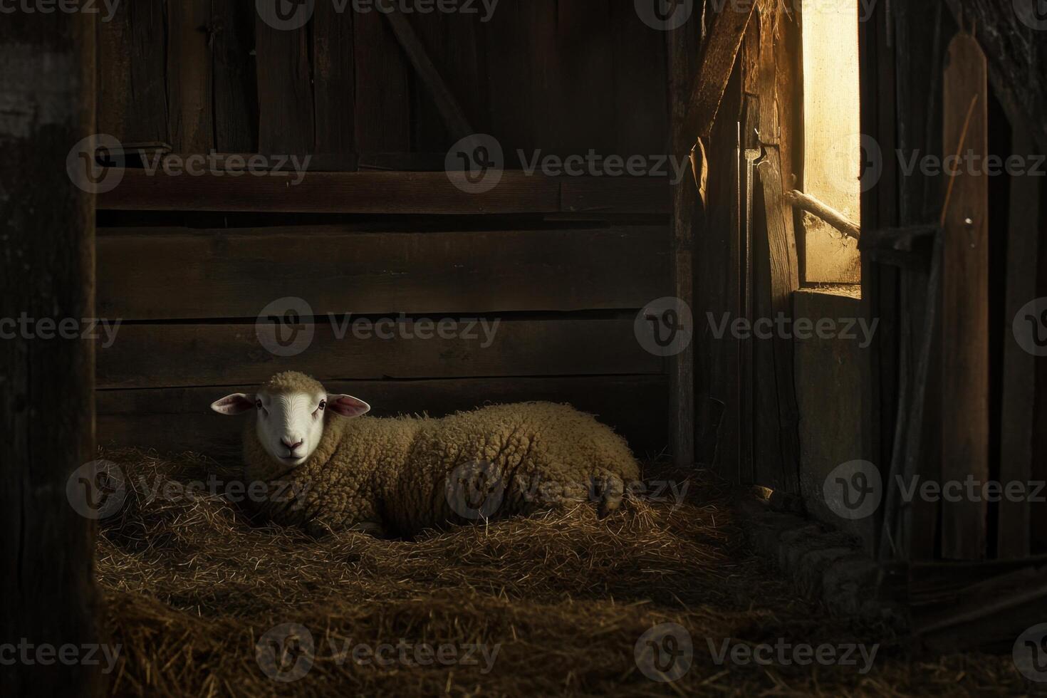A sheep is laying in a hay bed in a barn photo