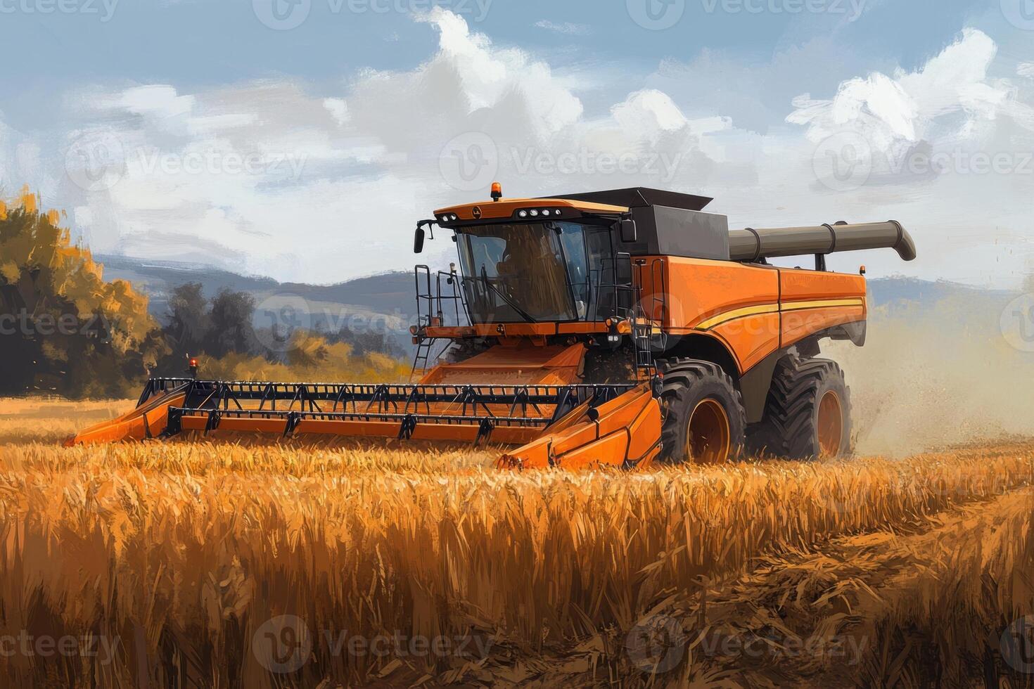 A large orange combine harvester is driving through a field of golden wheat photo
