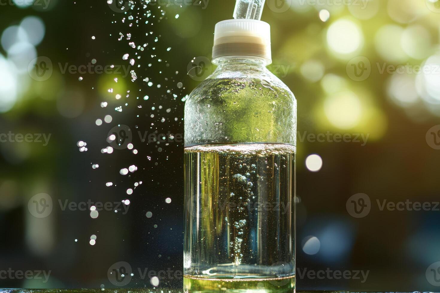 A bottle of liquid is being poured into a glass photo