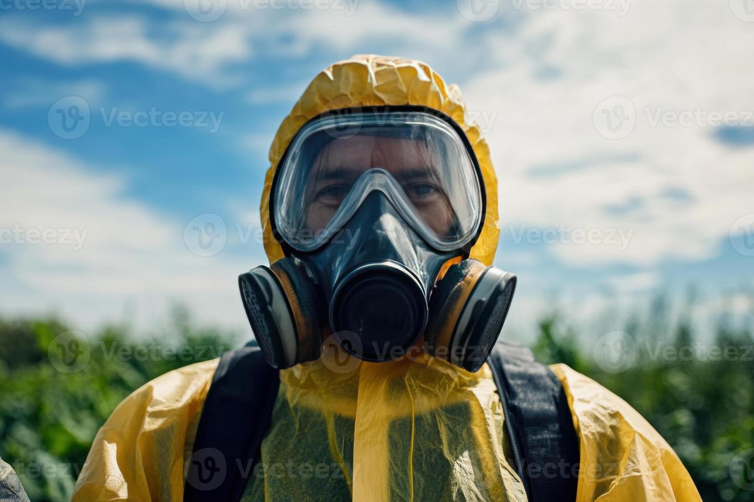 A man in a yellow suit with a gas mask on his face photo