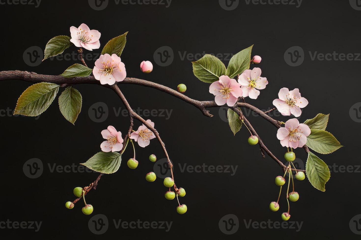 A branch with pink flowers and green leaves photo