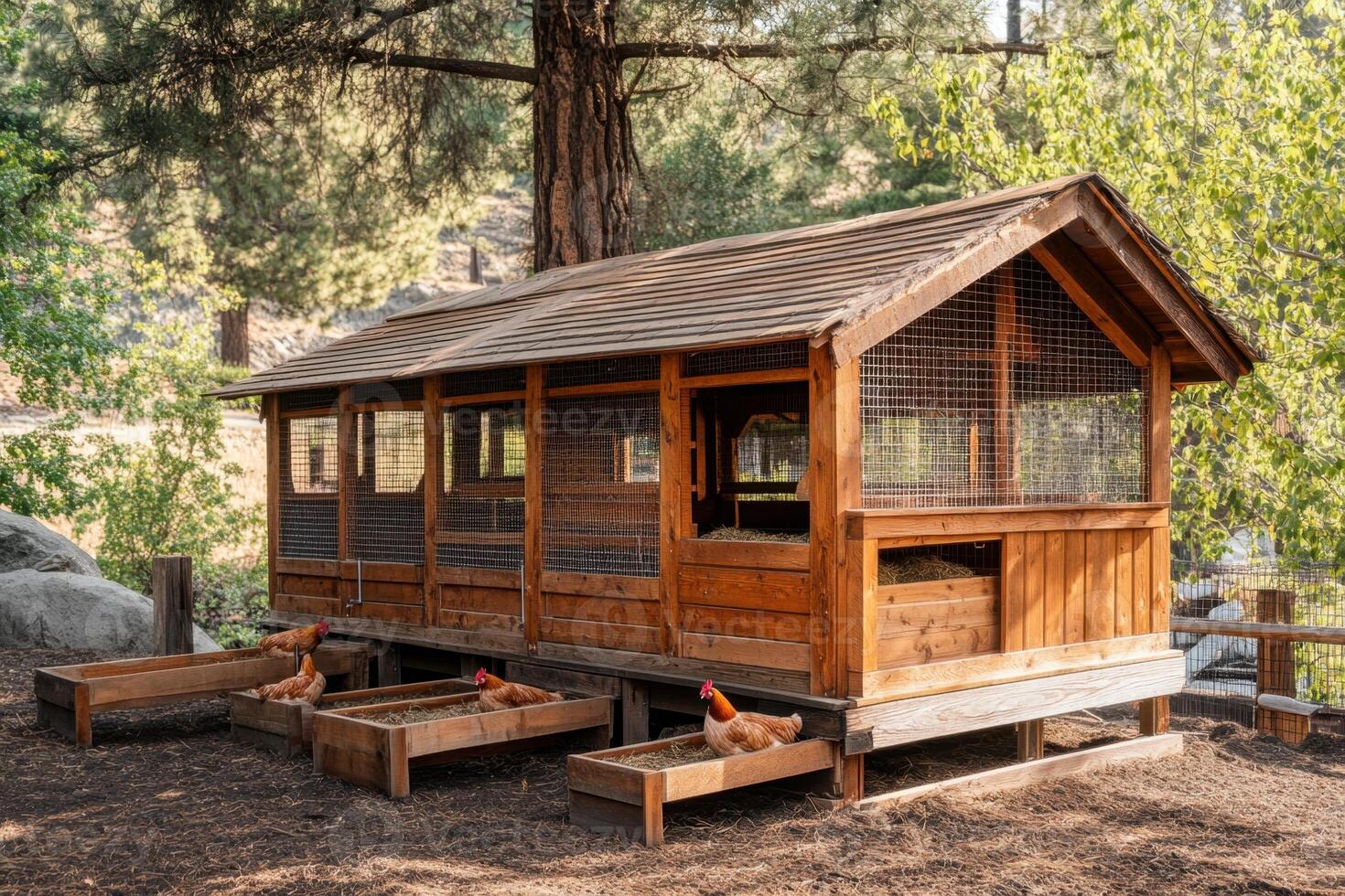 A wooden chicken coop with a roof and a fence photo