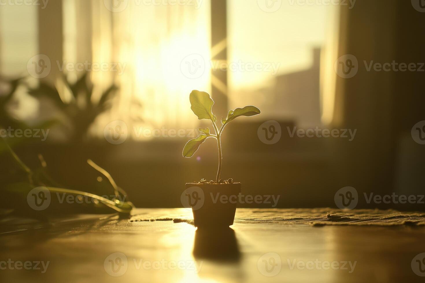 A small plant is sitting in a pot on a table photo