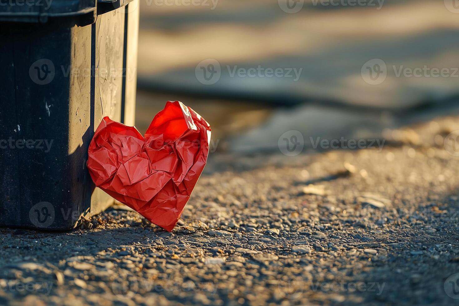 a piece of paper crumpled into a heart shape next to a trash can photo