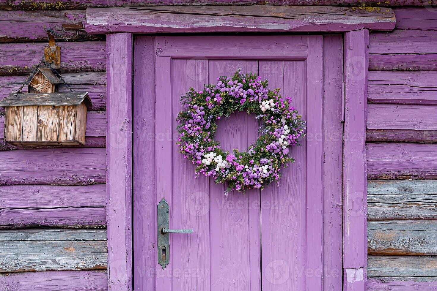 Easter wreath with white flowers and multicolored eggs on the light of the purple front door of the house photo