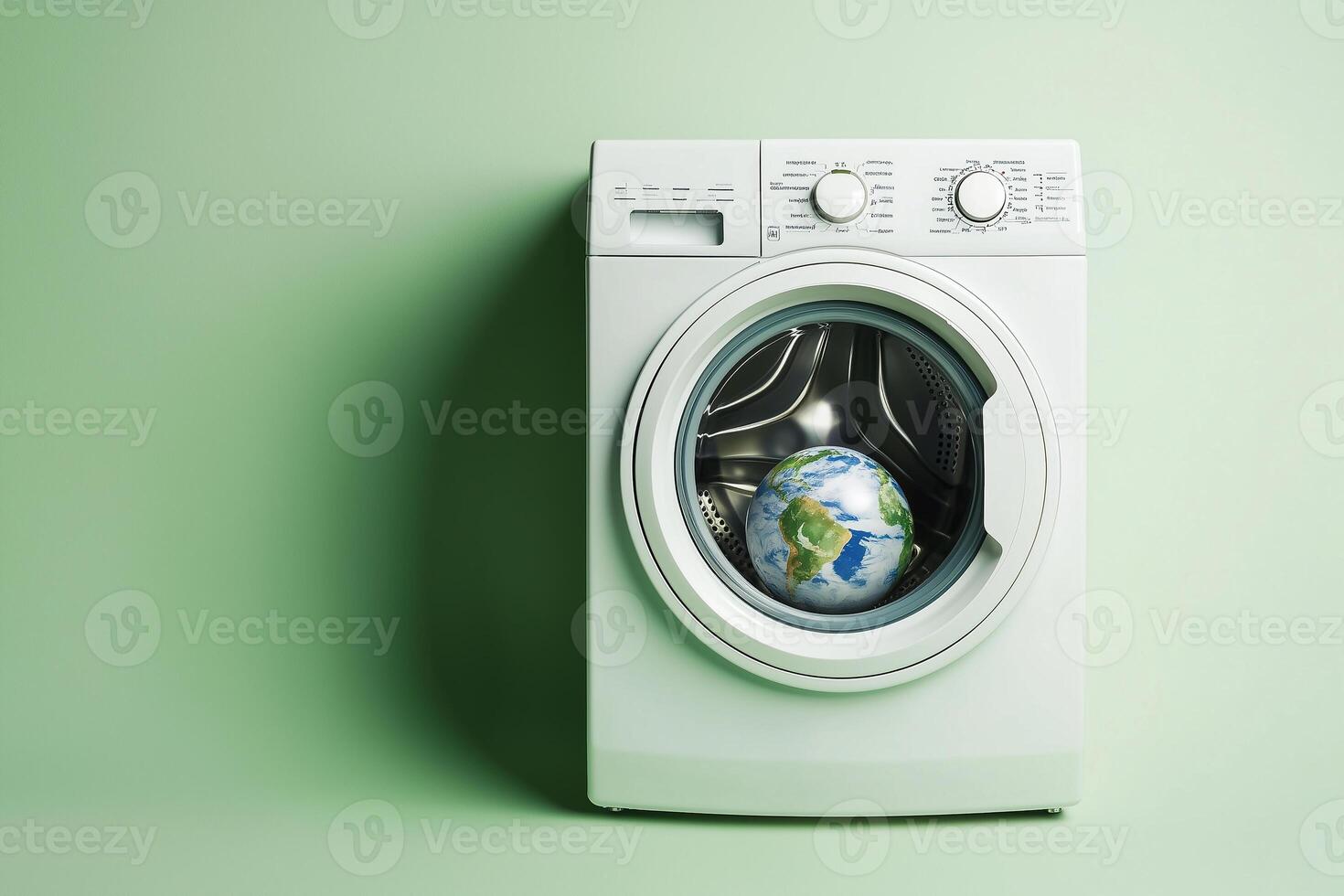 globe in washing machine, concept of ecological laundry detergent photo