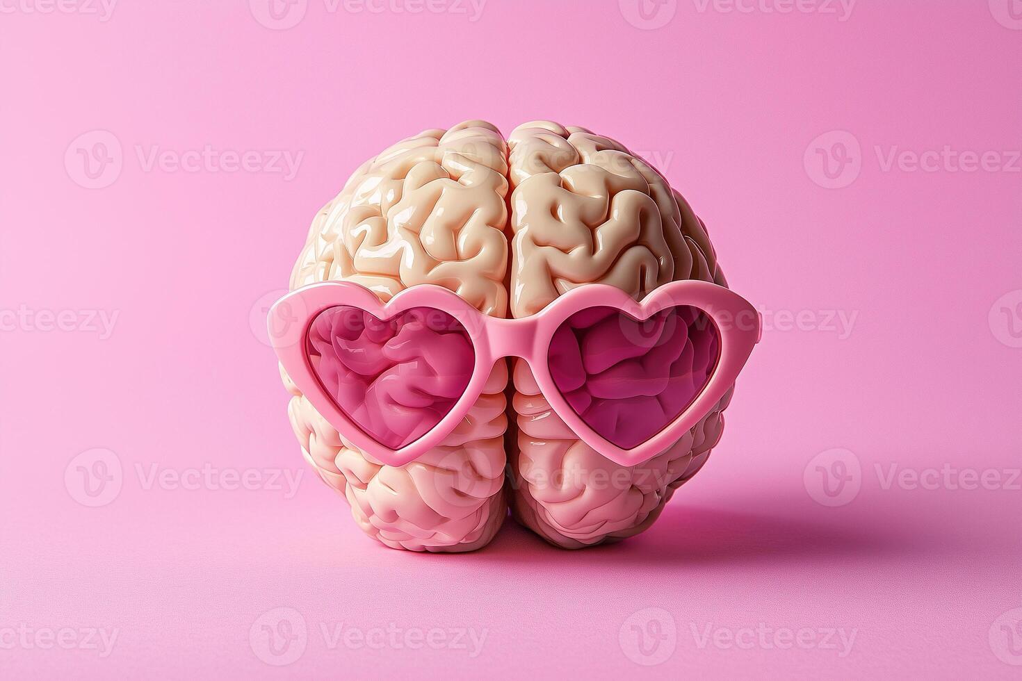 human brain with rose-colored heart-shaped glasses photo